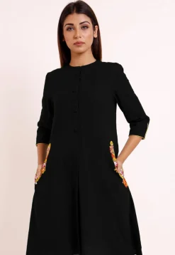 Embroidered Pocket Cotton Slub A Line Pleated Kurti in Black