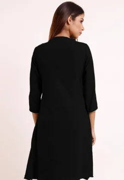 Embroidered Pocket Cotton Slub A Line Pleated Kurti in Black