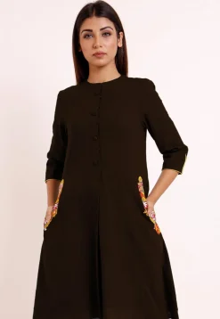 Embroidered Pocket Cotton Slub A Line Pleated Kurti in Dark Brown