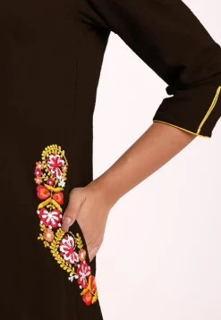 Embroidered Pocket Cotton Slub A Line Pleated Kurti in Dark Brown