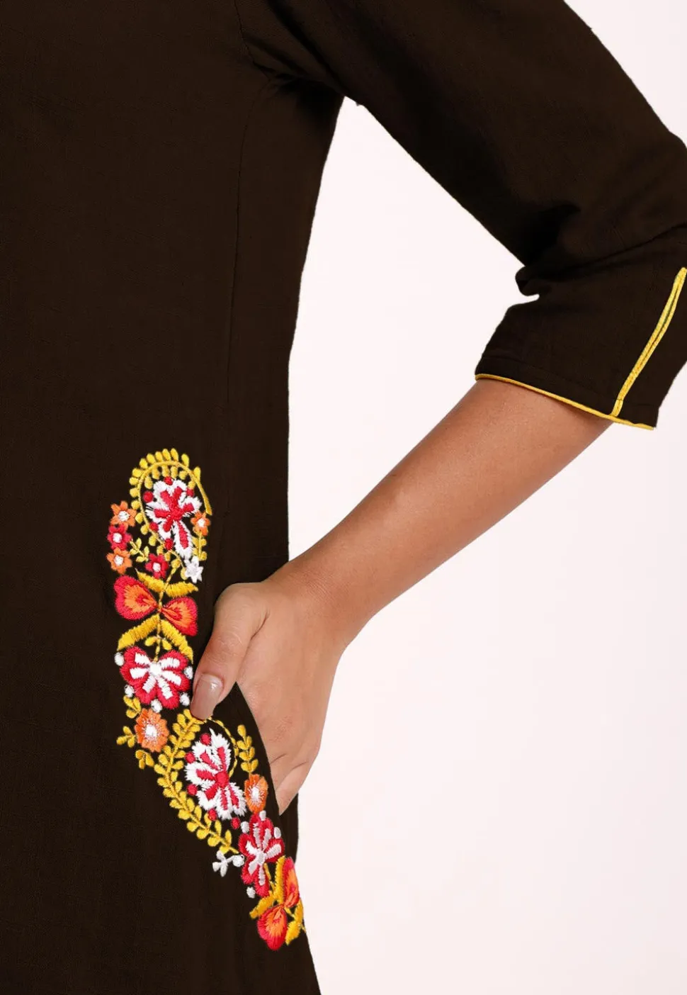 Embroidered Pocket Cotton Slub A Line Pleated Kurti in Dark Brown