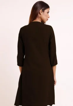 Embroidered Pocket Cotton Slub A Line Pleated Kurti in Dark Brown