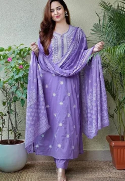Embroidered Poly Cotton A Line Suit in Purple