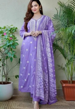 Embroidered Poly Cotton A Line Suit in Purple