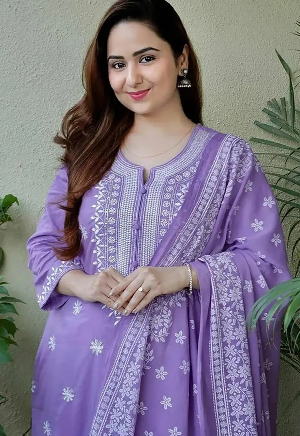 Embroidered Poly Cotton A Line Suit in Purple