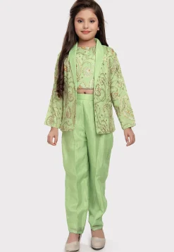 Embroidered Polyester Crop Top Set with Jacket in Light Green