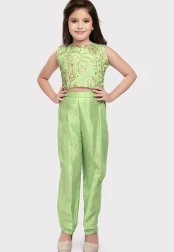 Embroidered Polyester Crop Top Set with Jacket in Light Green
