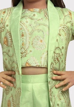 Embroidered Polyester Crop Top Set with Jacket in Light Green