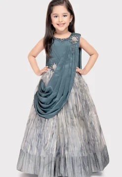 Embroidered Polyester Gown with attached Dupatta in Dusty Blue and Grey