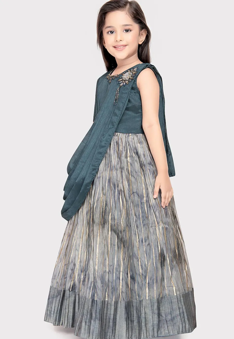 Embroidered Polyester Gown with attached Dupatta in Dusty Blue and Grey