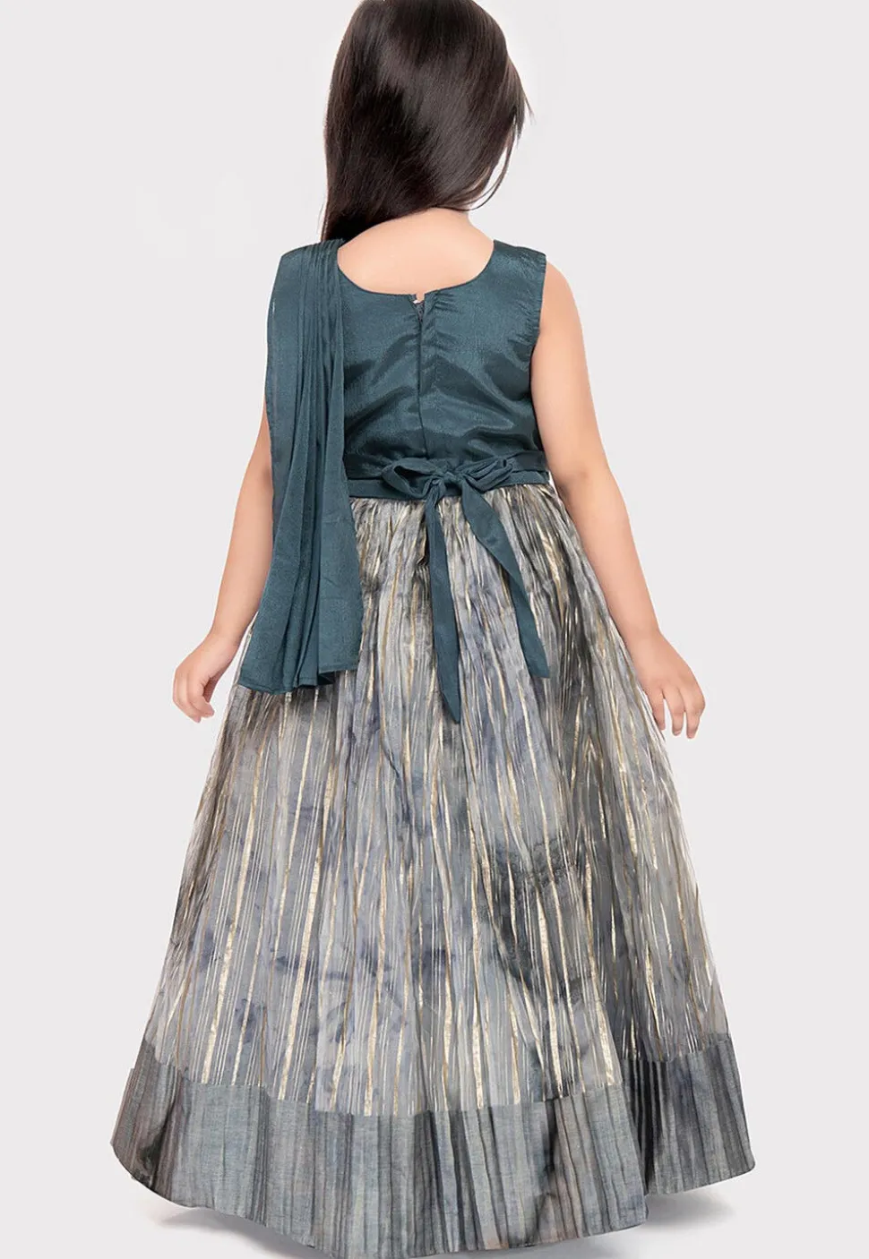 Embroidered Polyester Gown with attached Dupatta in Dusty Blue and Grey