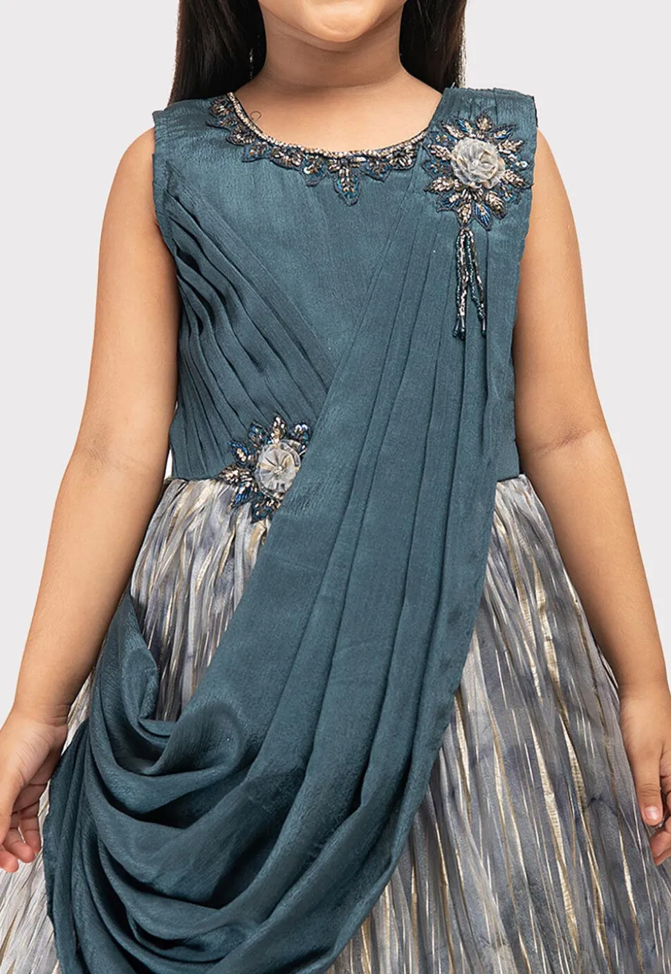 Embroidered Polyester Gown with attached Dupatta in Dusty Blue and Grey