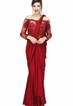 Embroidered Polyester Gown with attached Dupatta in Maroon