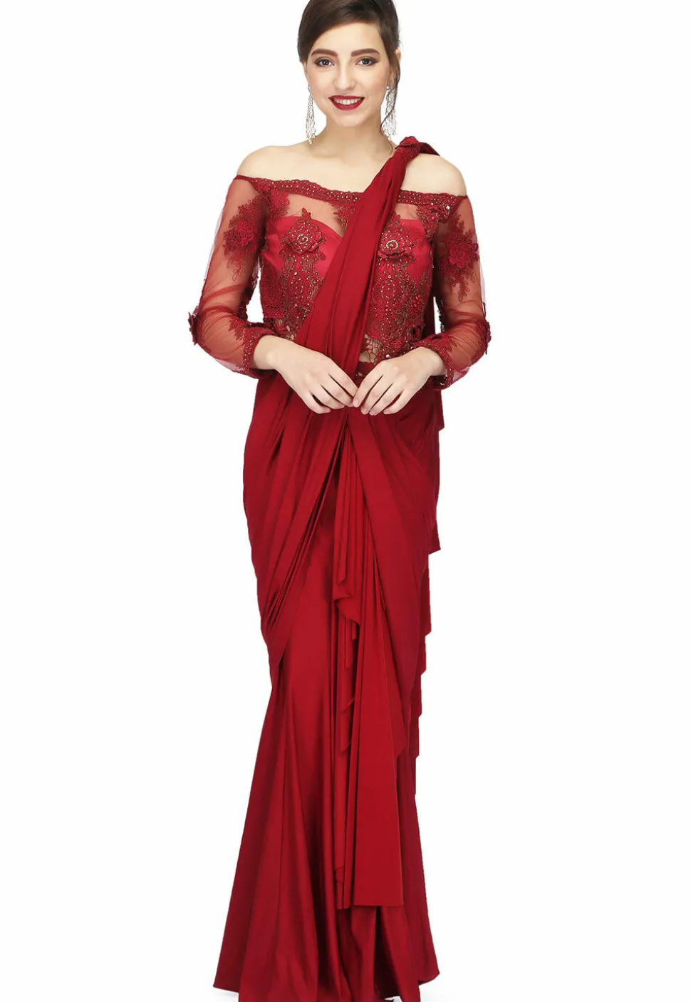 Embroidered Polyester Gown with attached Dupatta in Maroon