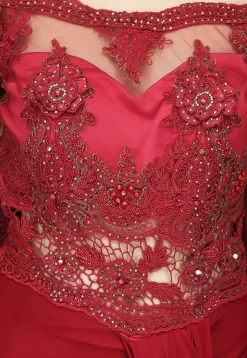 Embroidered Polyester Gown with attached Dupatta in Maroon
