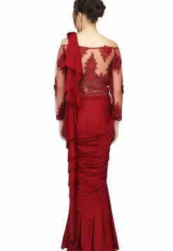 Embroidered Polyester Gown with attached Dupatta in Maroon