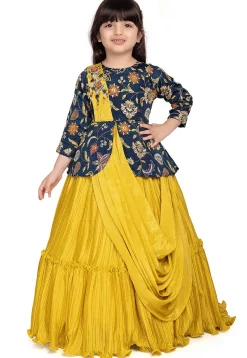 Embroidered Polyester Jacquard Gown in Blue and Mustard