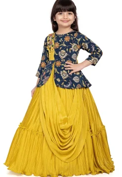 Embroidered Polyester Jacquard Gown in Blue and Mustard