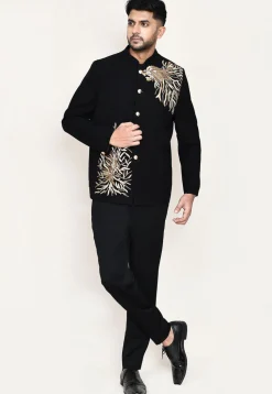 Embroidered Polyester Jodhpuri Suit in Black