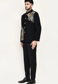 Embroidered Polyester Jodhpuri Suit in Black