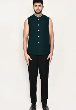 Embroidered Polyester Jodhpuri Suit in Teal Green