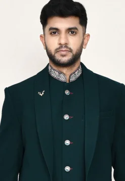 Embroidered Polyester Jodhpuri Suit in Teal Green