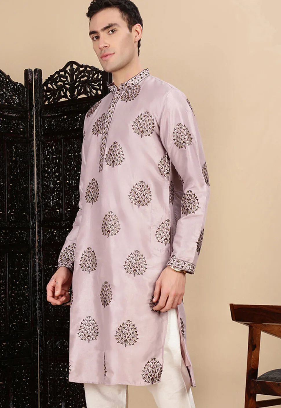 Embroidered Polyester Kurta in Light Purple