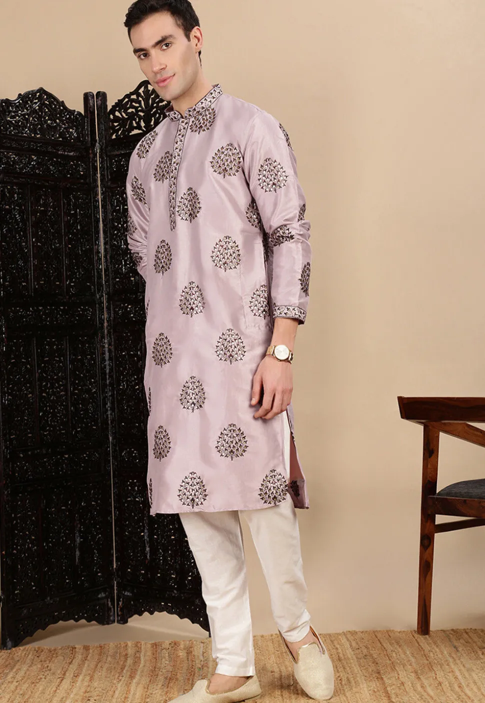Embroidered Polyester Kurta in Light Purple