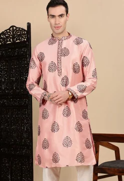 Embroidered Polyester Kurta in Peach