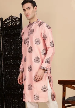 Embroidered Polyester Kurta in Peach
