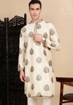 Embroidered Polyester Kurta in Light Beige