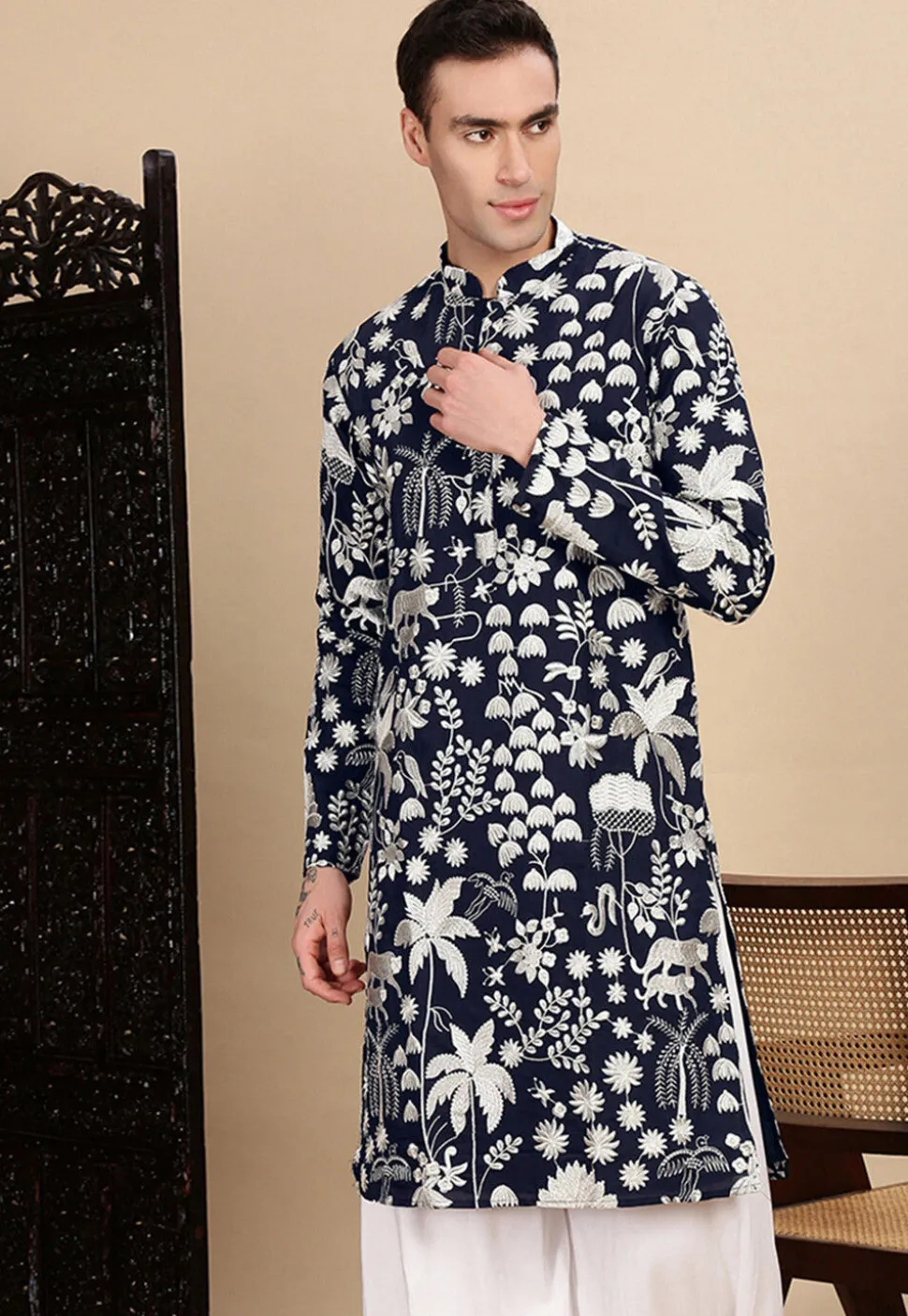 Embroidered Polyester Kurta in Navy Blue