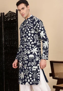 Embroidered Polyester Kurta in Navy Blue