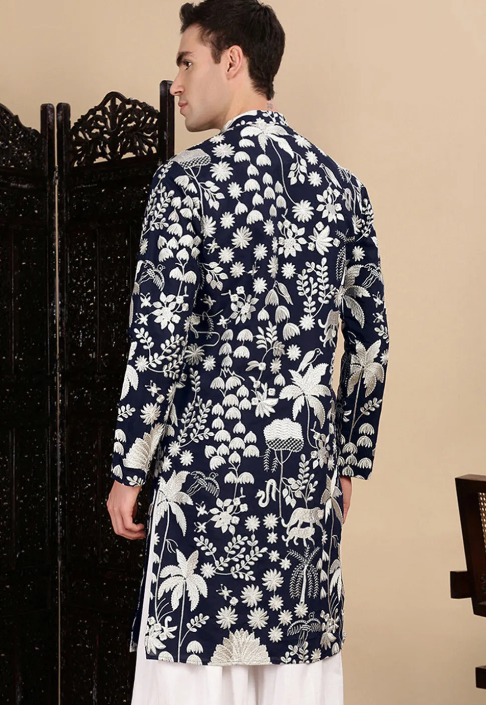 Embroidered Polyester Kurta in Navy Blue