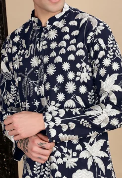 Embroidered Polyester Kurta in Navy Blue