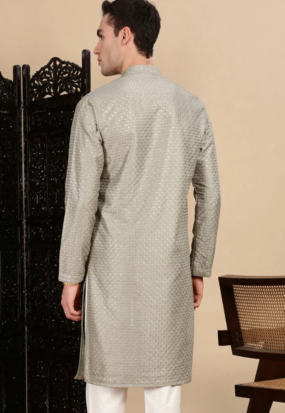 Embroidered Polyester Kurta in Grey