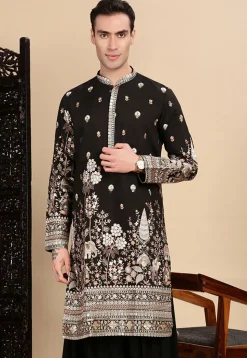 Embroidered Polyester Kurta in Black
