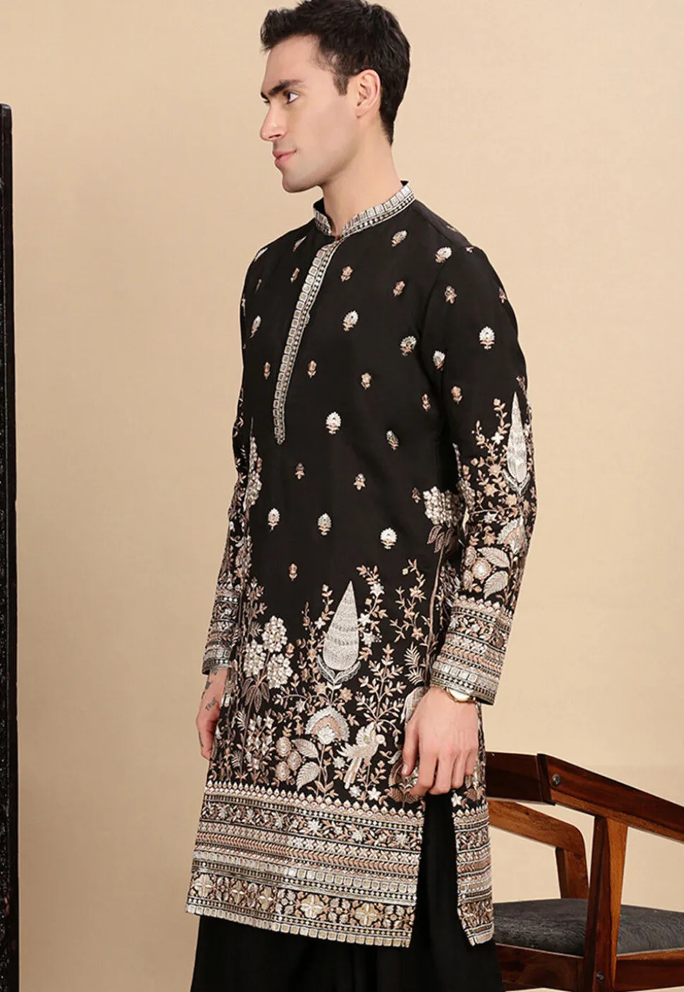 Embroidered Polyester Kurta in Black