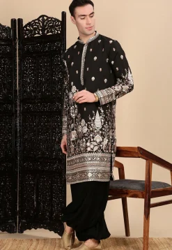 Embroidered Polyester Kurta in Black