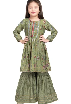 Embroidered Polyester Kurta Set in Olive Green