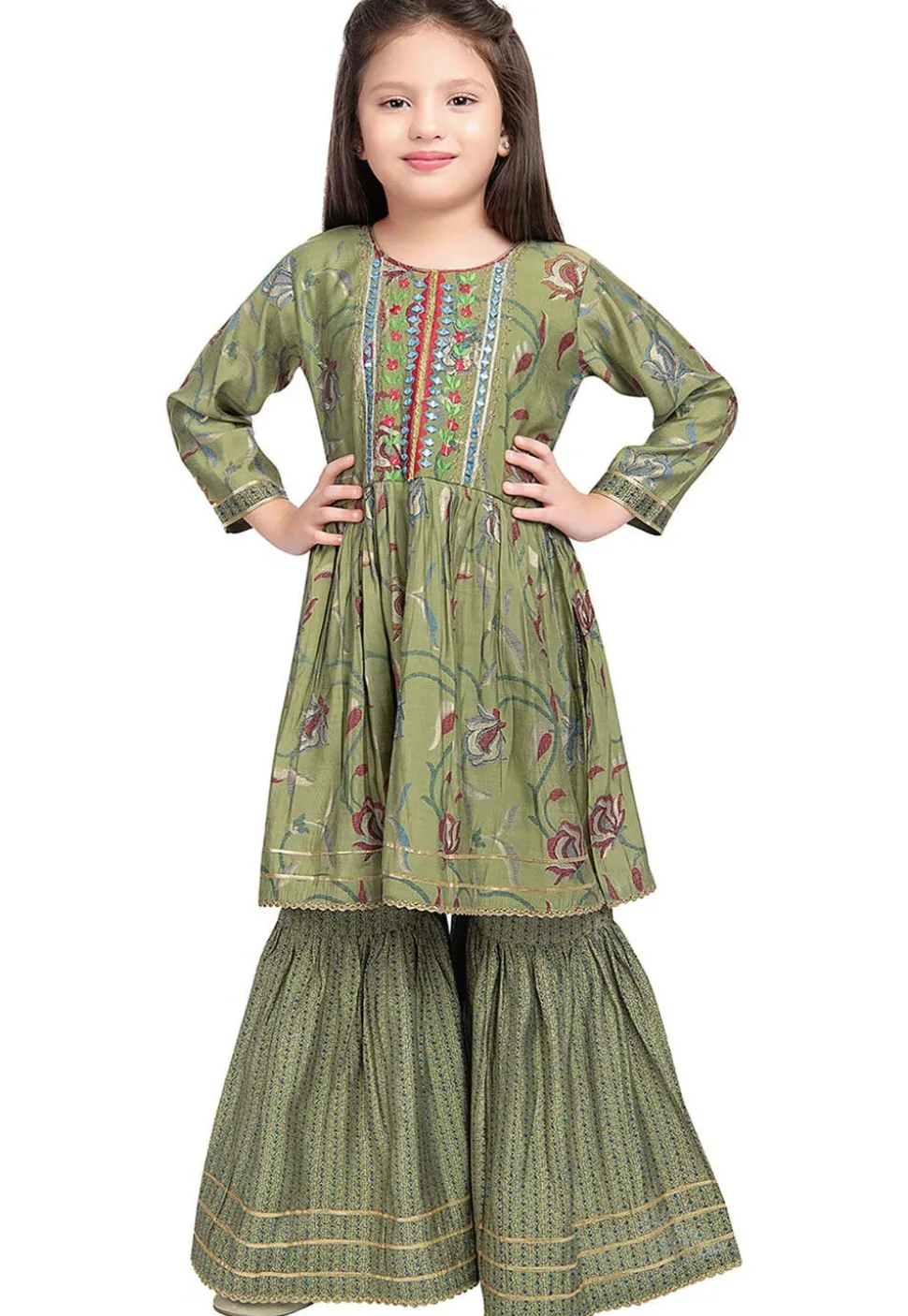 Embroidered Polyester Kurta Set in Olive Green