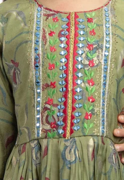 Embroidered Polyester Kurta Set in Olive Green