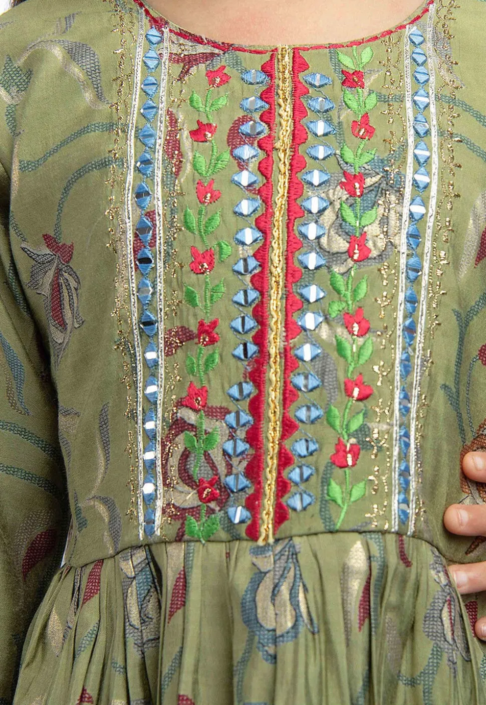 Embroidered Polyester Kurta Set in Olive Green