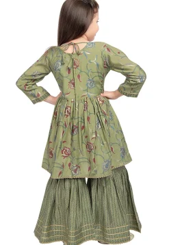 Embroidered Polyester Kurta Set in Olive Green