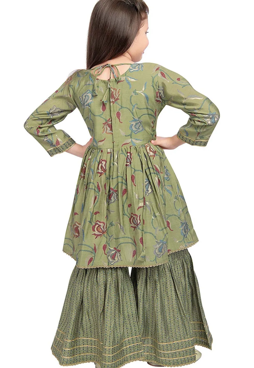 Embroidered Polyester Kurta Set in Olive Green