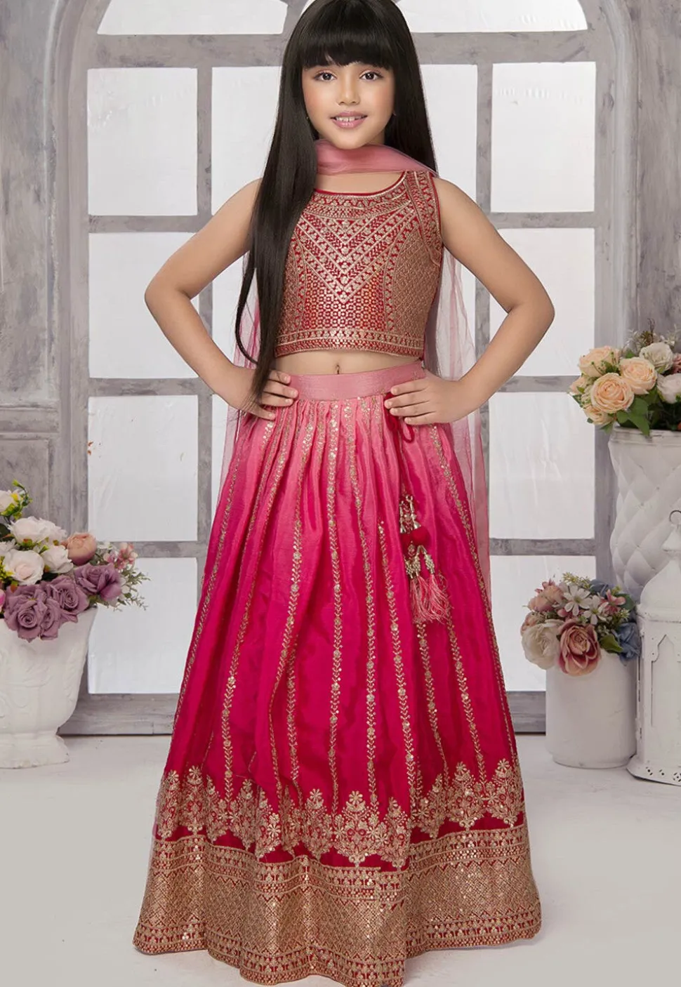Embroidered Polyester Lehenga in Pink