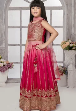 Embroidered Polyester Lehenga in Pink
