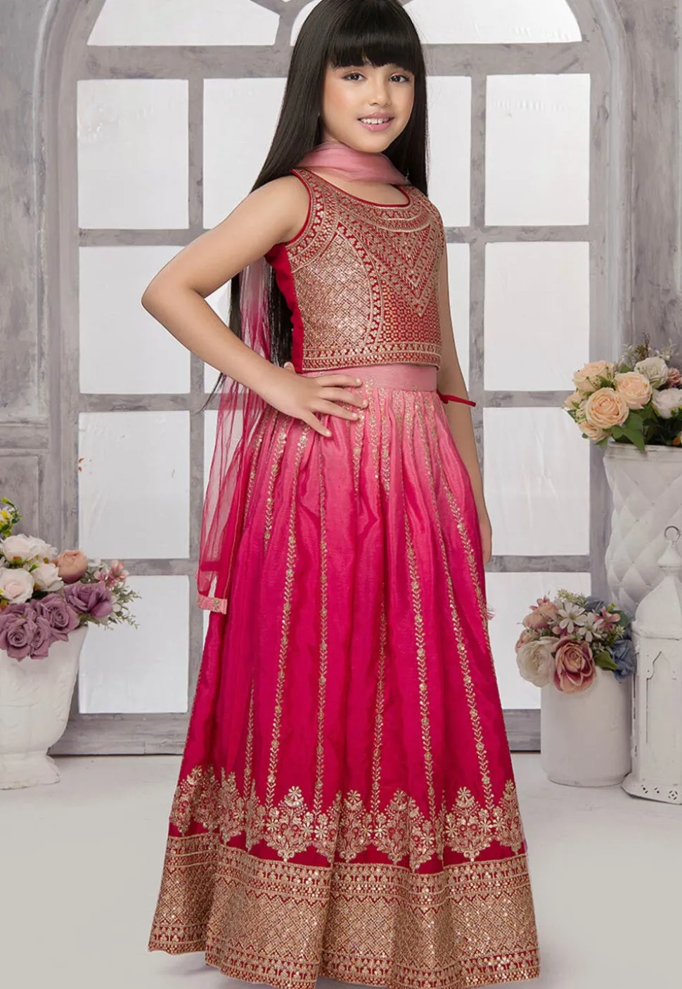 Embroidered Polyester Lehenga in Pink
