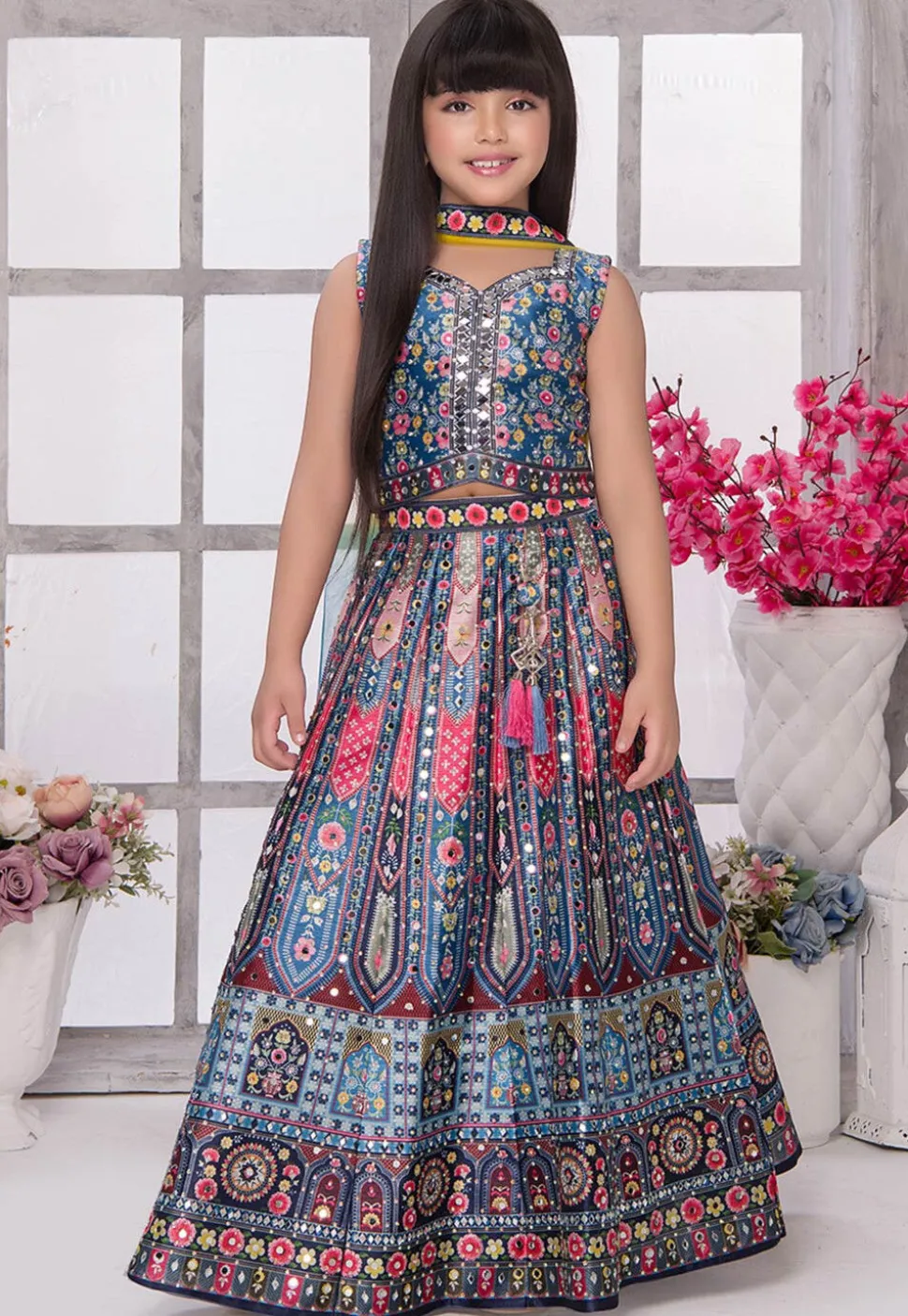 Embroidered Polyester Lehenga in Blue