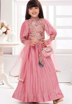 Embroidered Polyester Lehenga in Pink